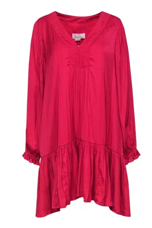 Anthropologie - Hot Pink Pleated Shift Dress w/ Peplum Hem Sz S