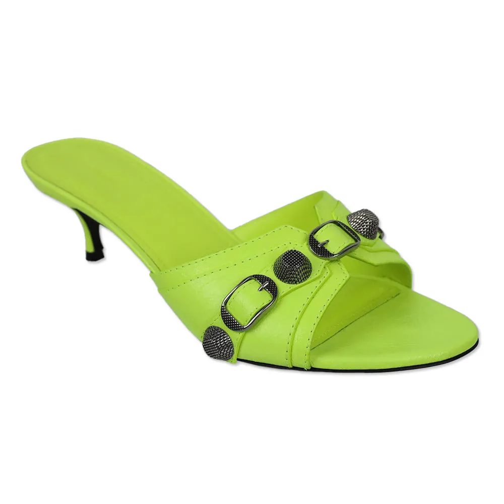 Balenciaga Neon Yellow Leather Cagole Stud Buckle Slide Sandals