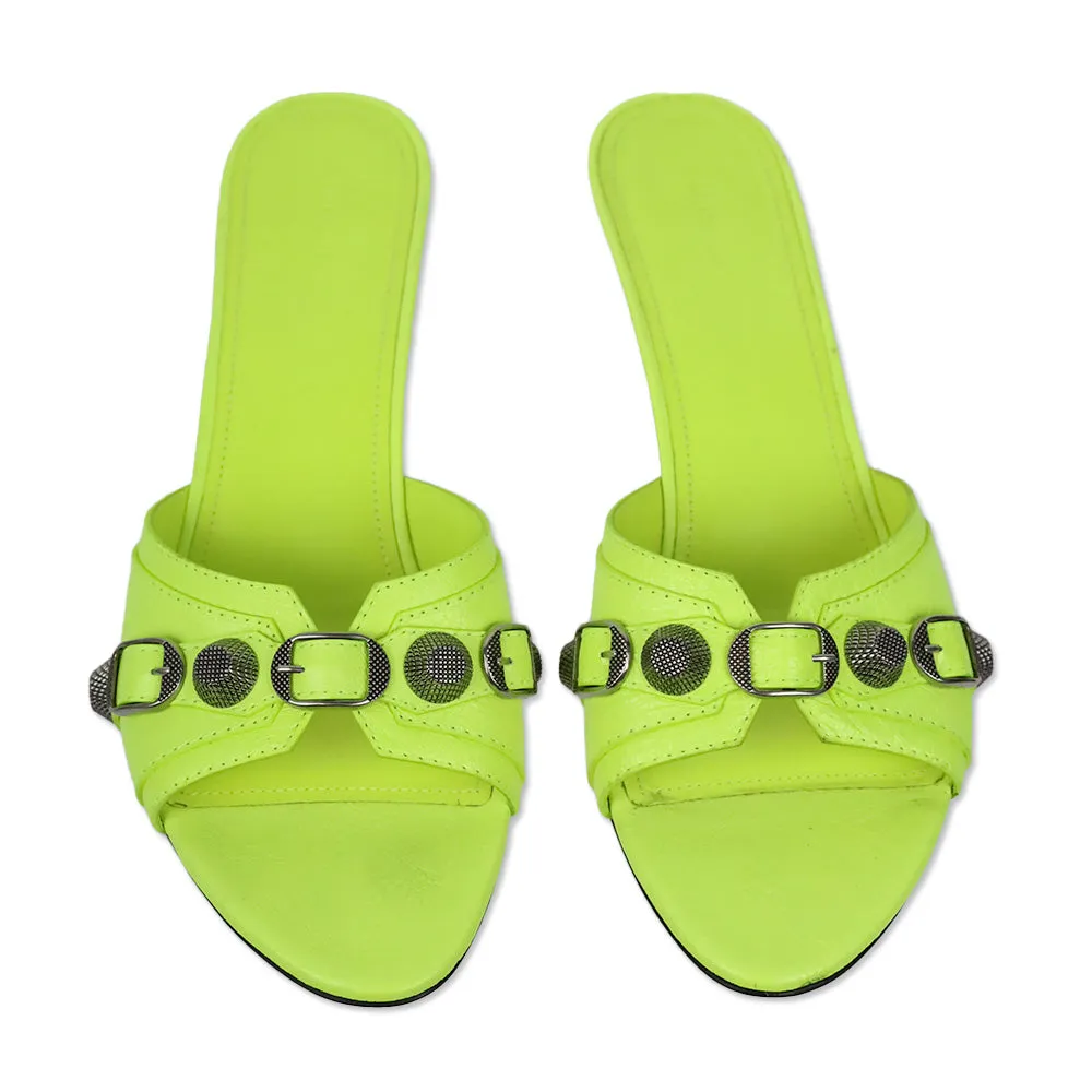 Balenciaga Neon Yellow Leather Cagole Stud Buckle Slide Sandals