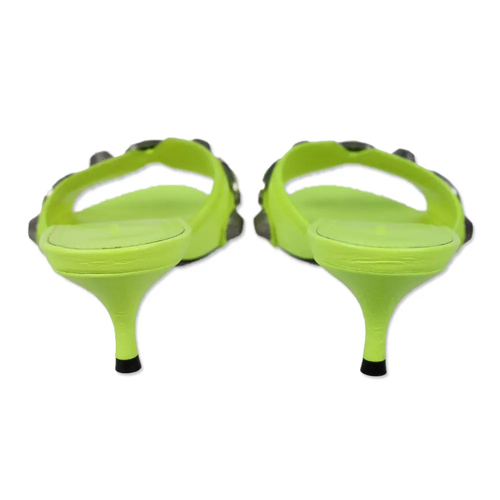 Balenciaga Neon Yellow Leather Cagole Stud Buckle Slide Sandals