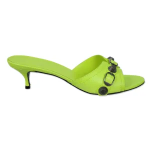 Balenciaga Neon Yellow Leather Cagole Stud Buckle Slide Sandals
