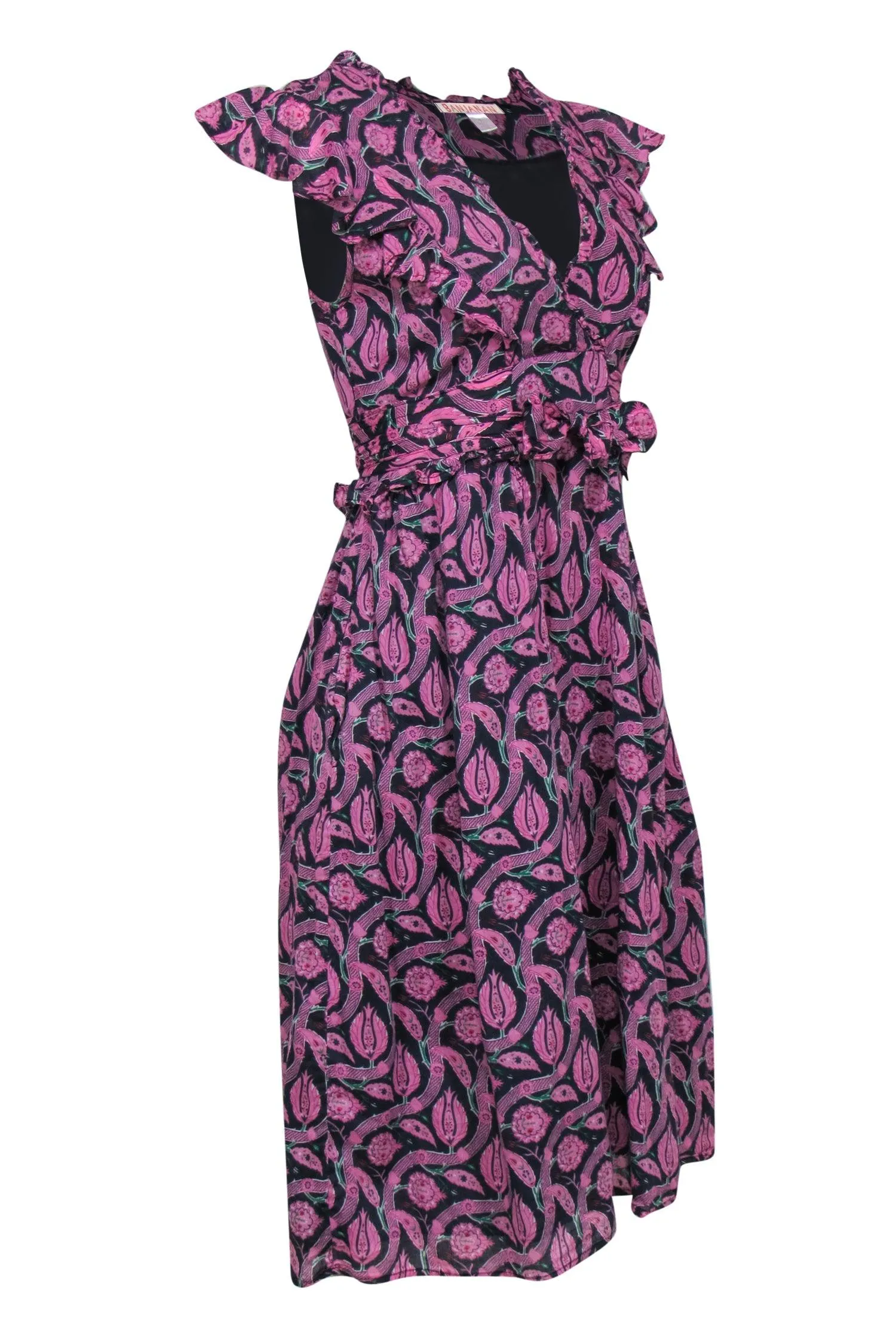 Banjanan - Pink, Green & Navy Bohemian Print Cap Sleeve Ruffled Midi Dress Sz S