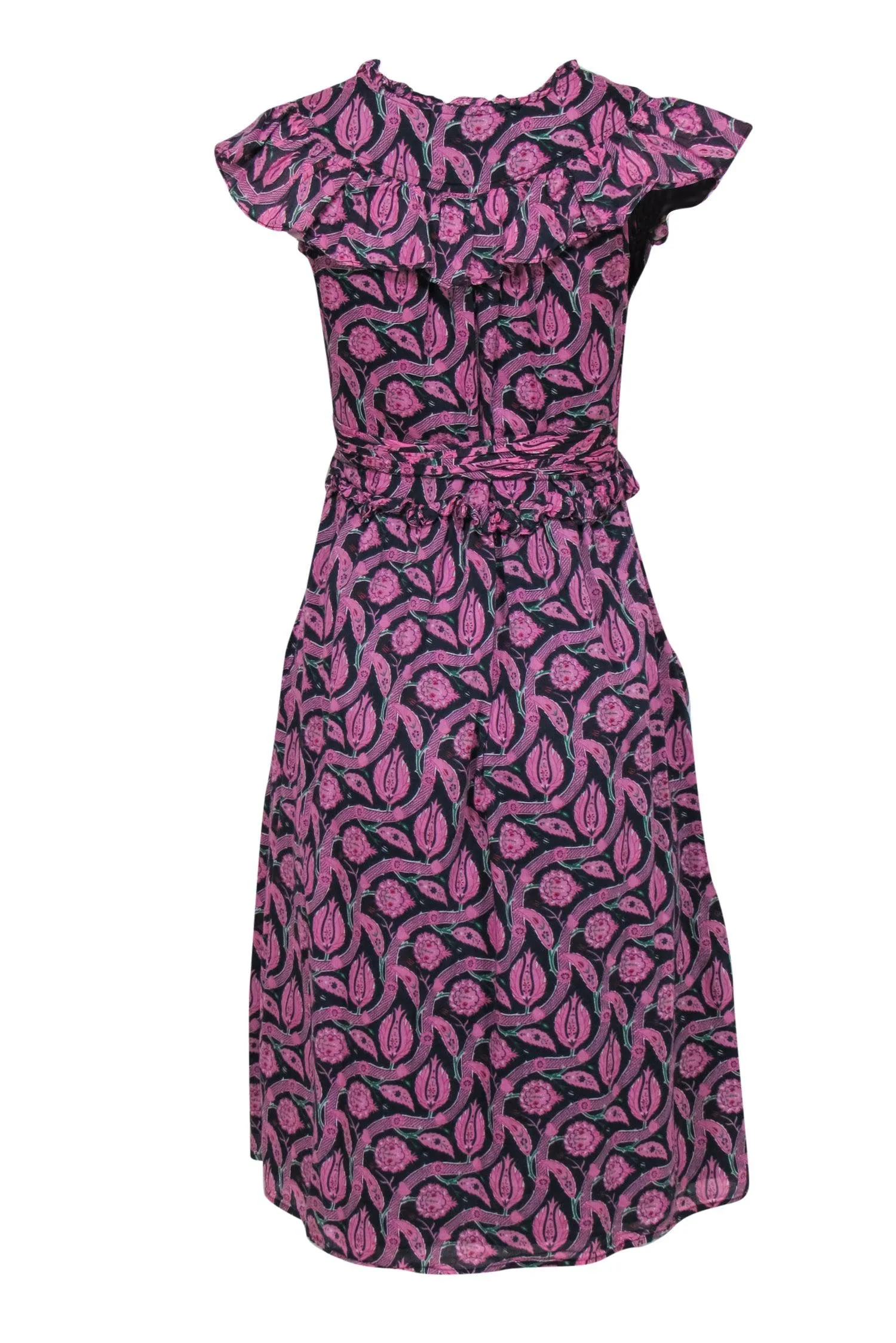 Banjanan - Pink, Green & Navy Bohemian Print Cap Sleeve Ruffled Midi Dress Sz S
