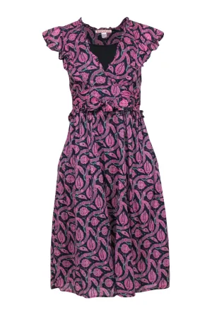 Banjanan - Pink, Green & Navy Bohemian Print Cap Sleeve Ruffled Midi Dress Sz S