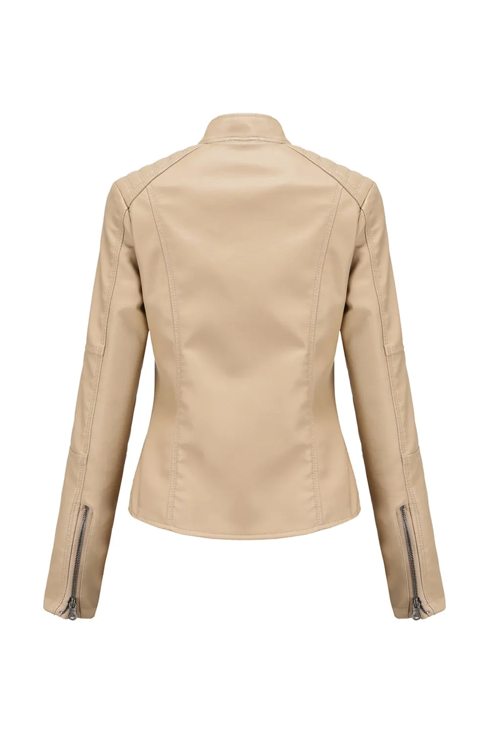 Black Zipper Front Fitted PU Women Jacket