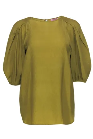 Calypso - Chartreuse Textured Silk Puff Sleeve Blouse Sz M