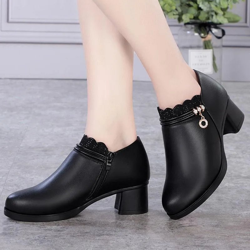Chicvane Womens Lace Trim Diamond Buckle Chunky Heel Boots Zipper Ankle Boots
