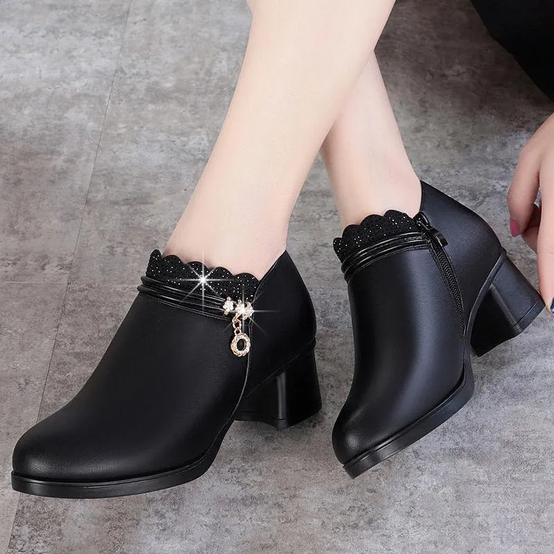 Chicvane Womens Lace Trim Diamond Buckle Chunky Heel Boots Zipper Ankle Boots