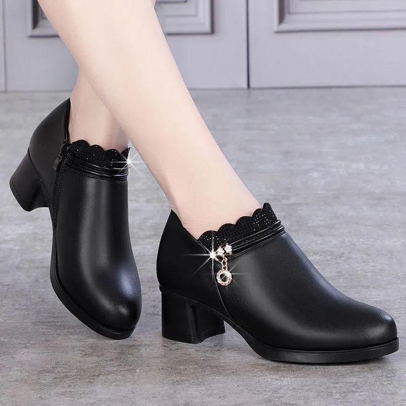 Chicvane Womens Lace Trim Diamond Buckle Chunky Heel Boots Zipper Ankle Boots