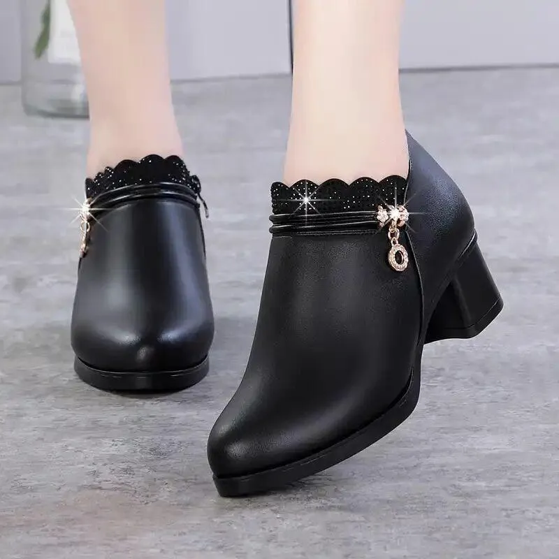 Chicvane Womens Lace Trim Diamond Buckle Chunky Heel Boots Zipper Ankle Boots