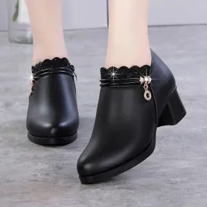 Chicvane Womens Lace Trim Diamond Buckle Chunky Heel Boots Zipper Ankle Boots