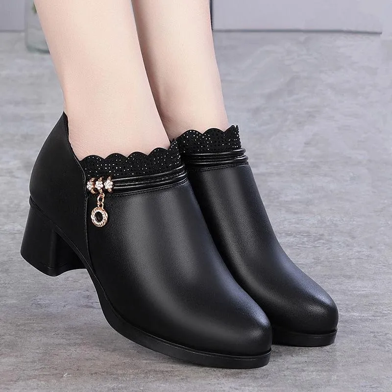 Chicvane Womens Lace Trim Diamond Buckle Chunky Heel Boots Zipper Ankle Boots