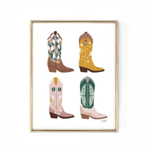 Cowboy Boots Illustration Vertical (Pink/Yellow/Green Palette) - Art Print