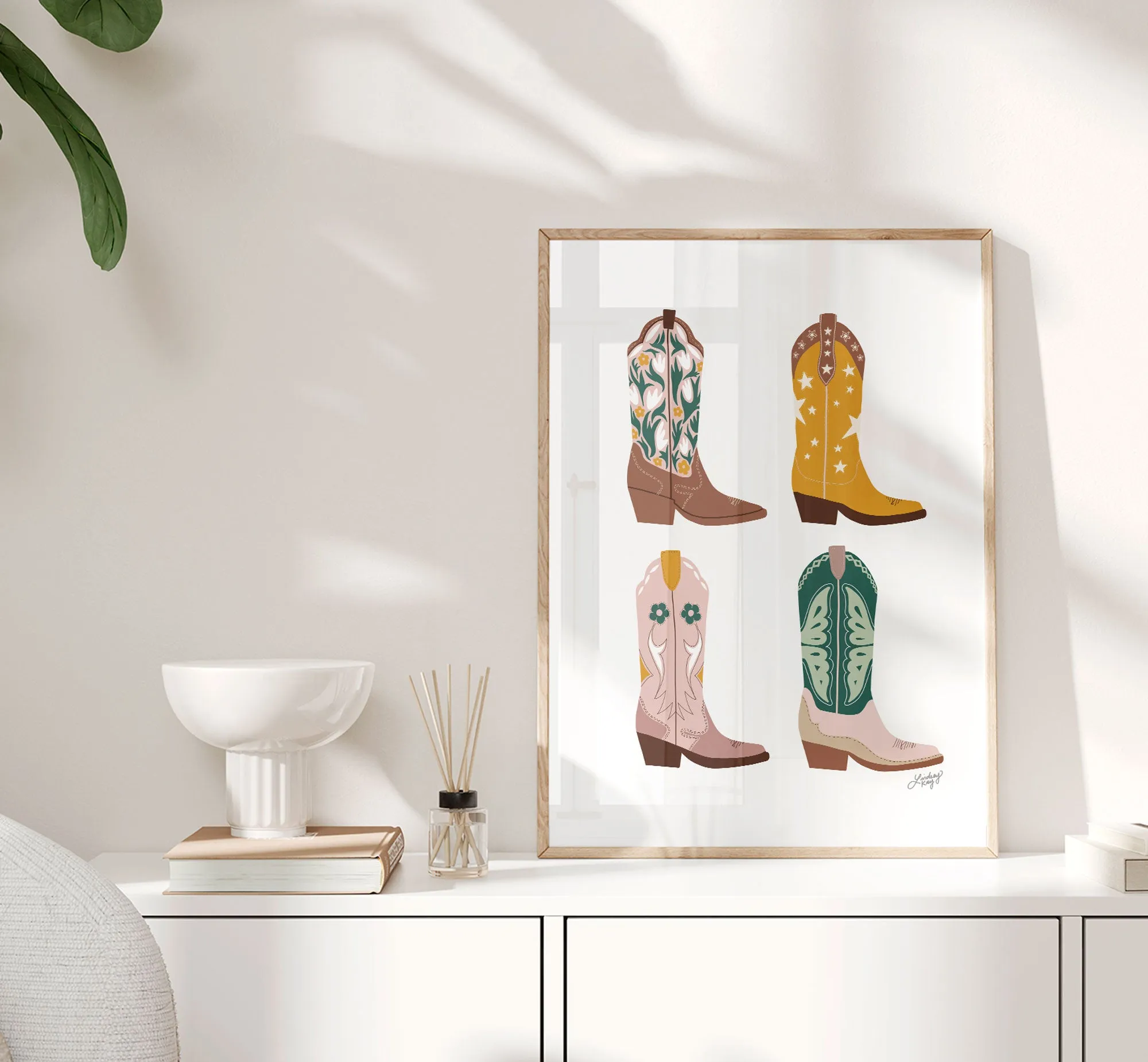 Cowboy Boots Illustration Vertical (Pink/Yellow/Green Palette) - Art Print