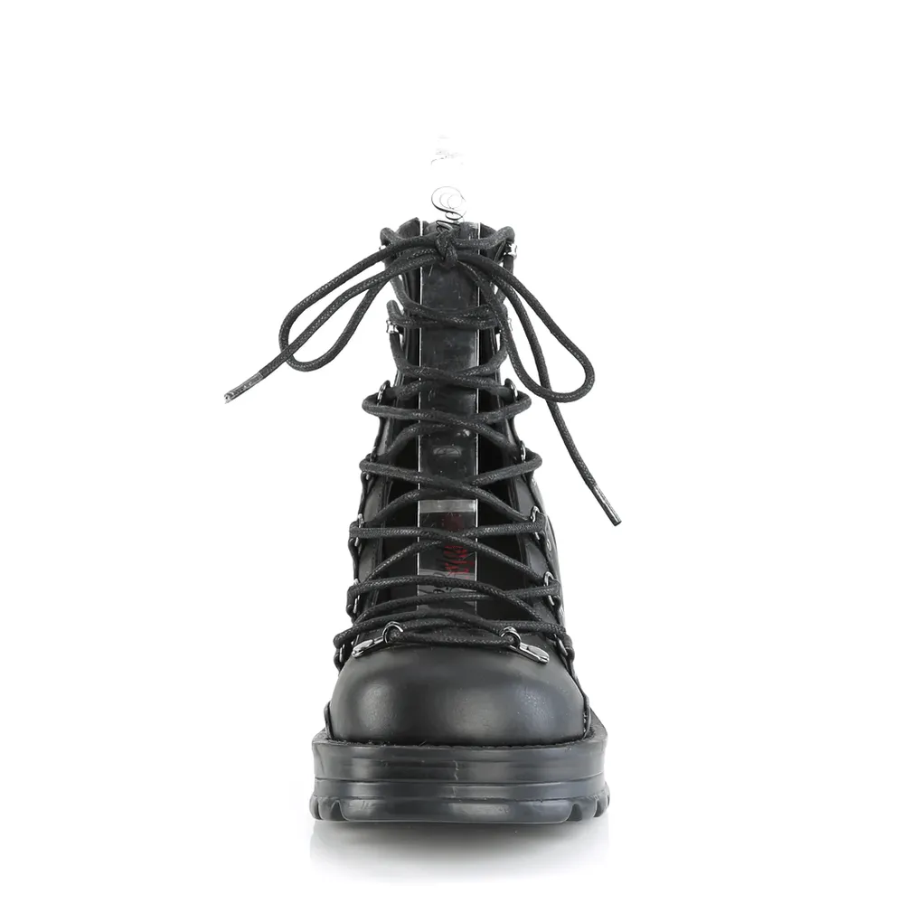 DEMONIA Edgy Black Ankle Boot with Chunky Heel and Zip