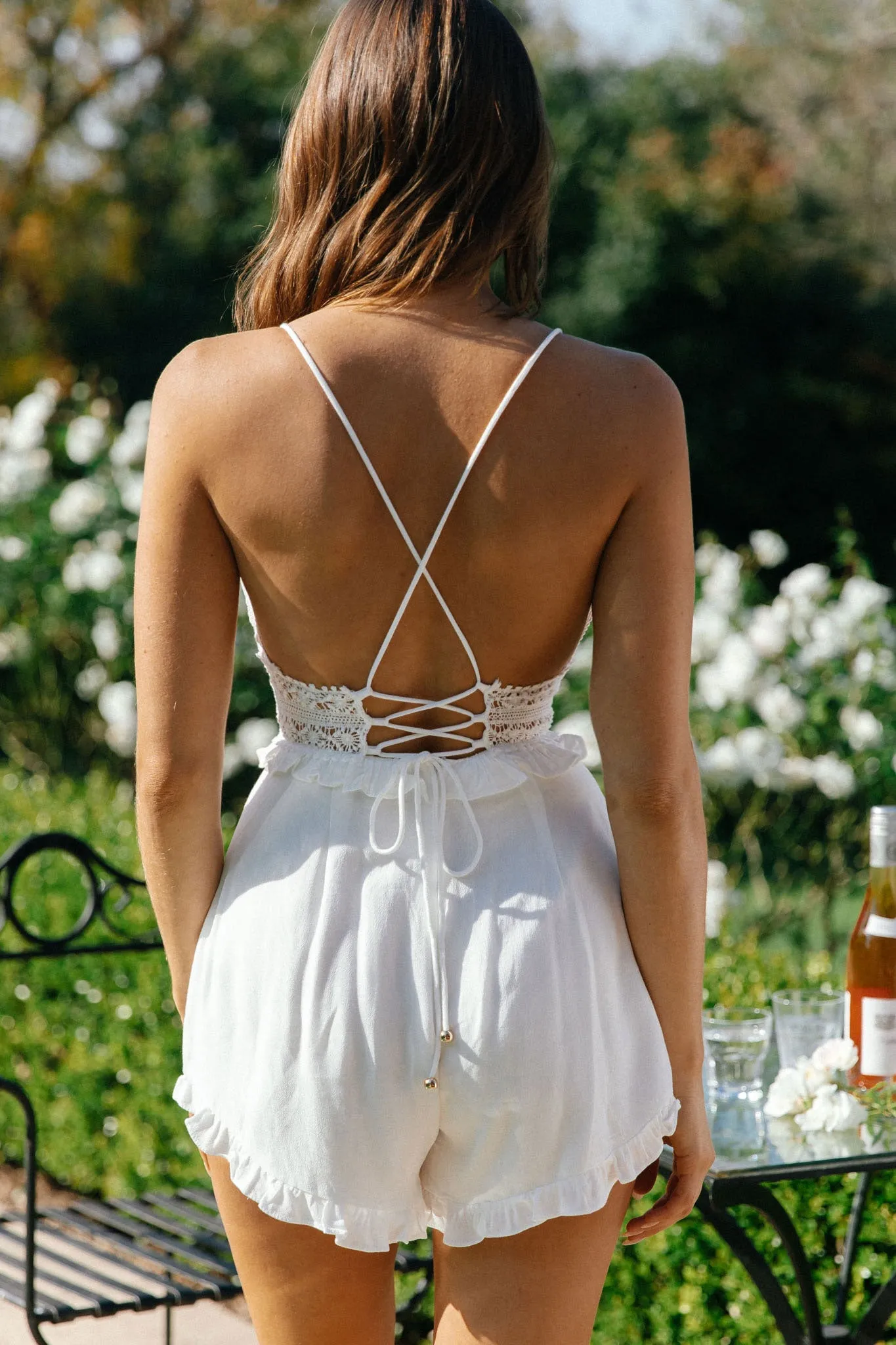Desert Rose Crochet Trim Tie-Up Back Romper White