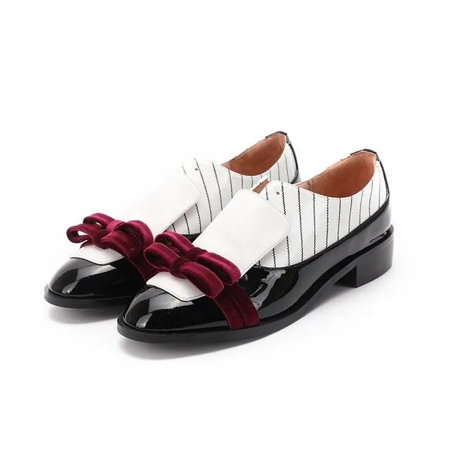High Quality Women Oxford Flats Mixed Colors Casual Shoes Woman Genuine Leather Bow-knot Slip-on Round Creeper Brogue Loafers