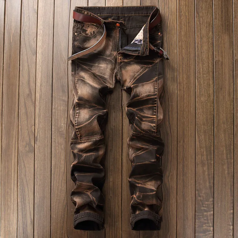 Men's Jeans Washed Vintage Jeans Straight Pants Mid Waist Jeans
