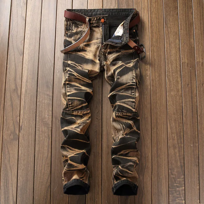 Men's Jeans Washed Vintage Jeans Straight Pants Mid Waist Jeans