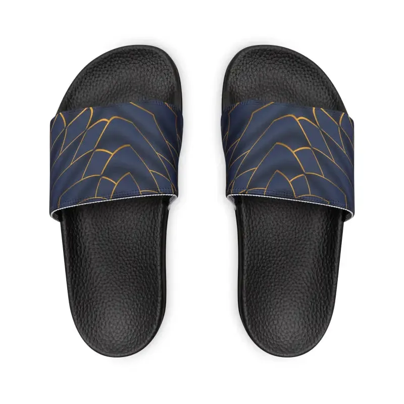Navy Blue Slide Sandals with Golden Pattern