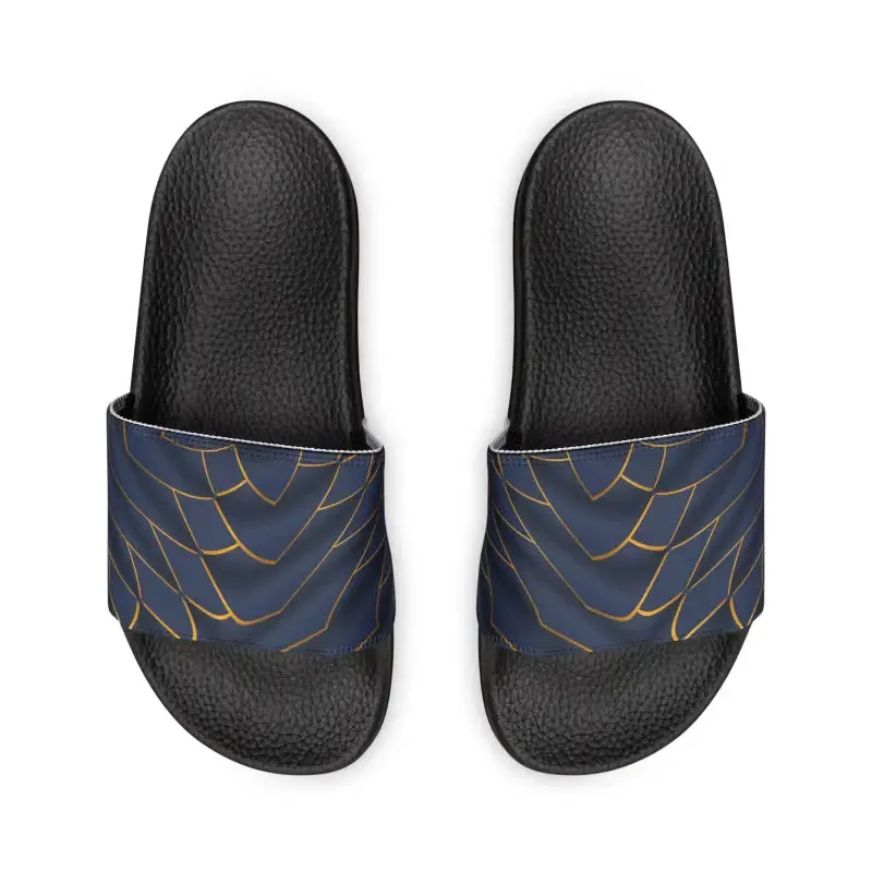 Navy Blue Slide Sandals with Golden Pattern