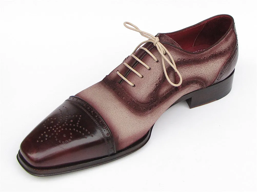 Paul Parkman Men's Captoe Oxfords Bordeaux / Beige Hand-Painted Shoes (Id#024)