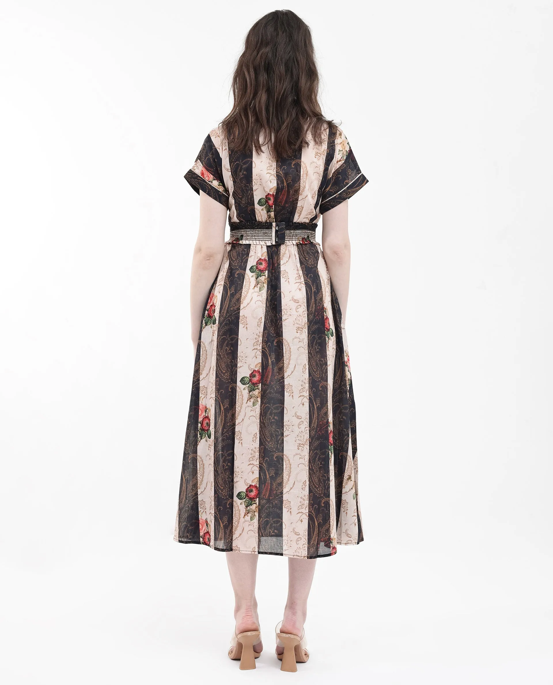 Rareism Women Frost Olive Cotton Fabric Short Sleeve Collared Neck Floral Print Longline Dress