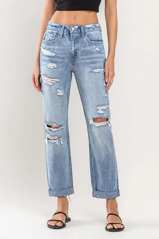 ROLLED UP RIGID BOYUFRIEND JEANS