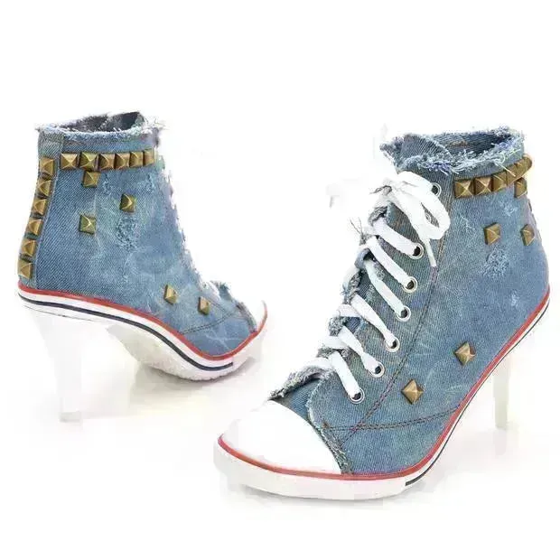 Round Toe Women's Shoes Denim High Heels