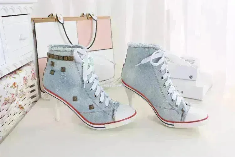 Round Toe Women's Shoes Denim High Heels