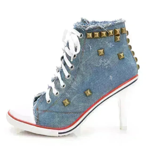 Round Toe Women's Shoes Denim High Heels