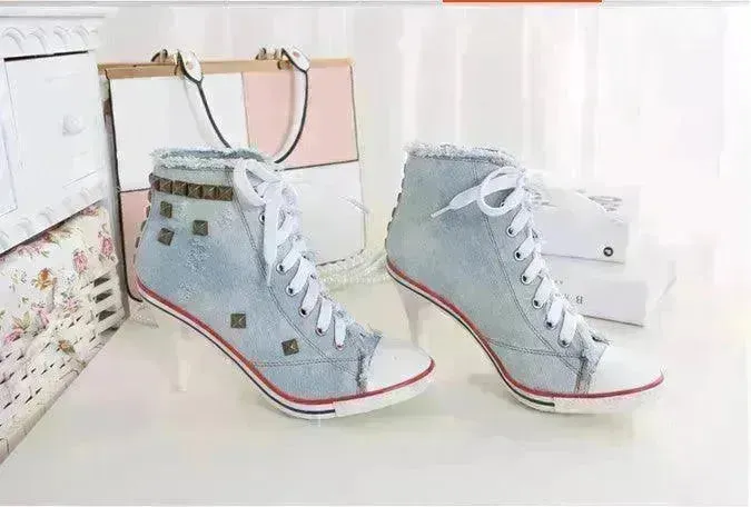 Round Toe Women's Shoes Denim High Heels