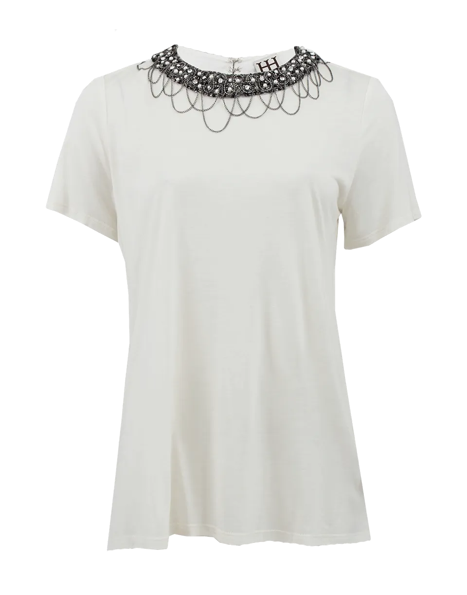 Short Sleeve Tee with Embellished Neckline