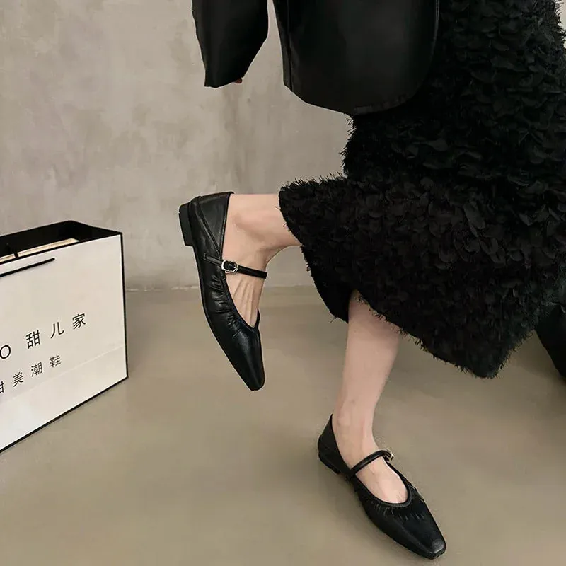 Sohiwoo Luxury Designer Women Mary Jane Shoes Fashion Elegant Shallow Soft Sole Shoes Ladies Outdoor Dress Flats Summer Shoes