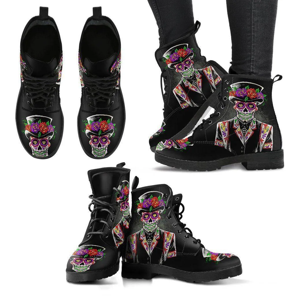 Sugar Skull Day of the Dead Lace-Up Boots, Vegan-Friendly Leather, Black w/ Double-Sided & Toe Print