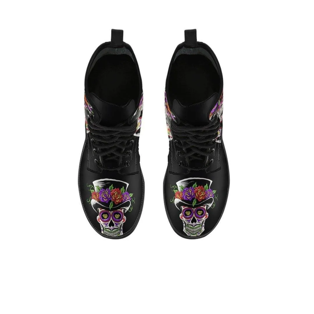 Sugar Skull Day of the Dead Lace-Up Boots, Vegan-Friendly Leather, Black w/ Double-Sided & Toe Print
