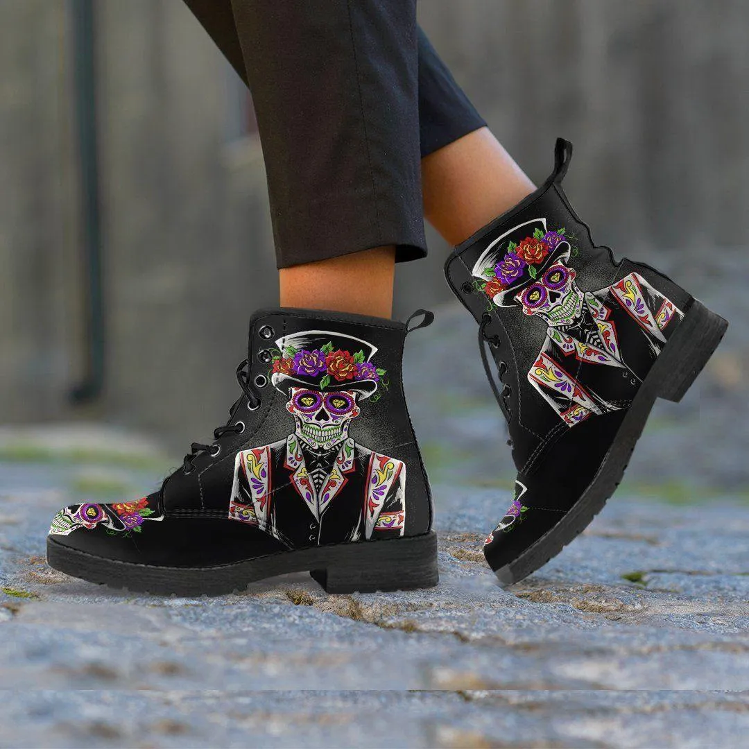 Sugar Skull Day of the Dead Lace-Up Boots, Vegan-Friendly Leather, Black w/ Double-Sided & Toe Print
