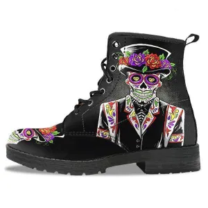 Sugar Skull Day of the Dead Lace-Up Boots, Vegan-Friendly Leather, Black w/ Double-Sided & Toe Print