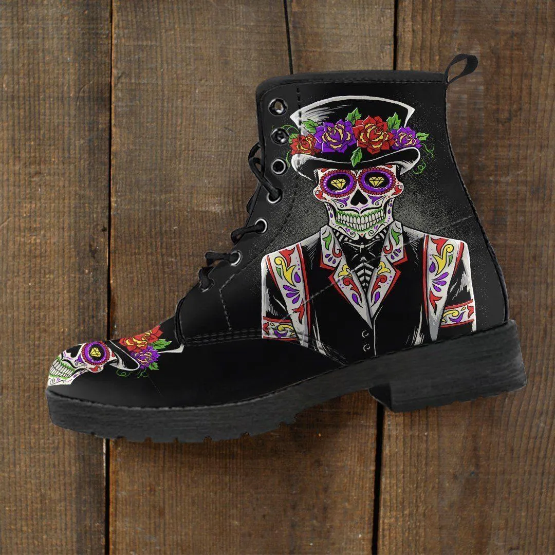 Sugar Skull Day of the Dead Lace-Up Boots, Vegan-Friendly Leather, Black w/ Double-Sided & Toe Print