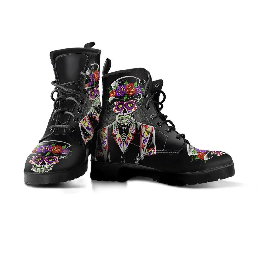 Sugar Skull Day of the Dead Lace-Up Boots, Vegan-Friendly Leather, Black w/ Double-Sided & Toe Print