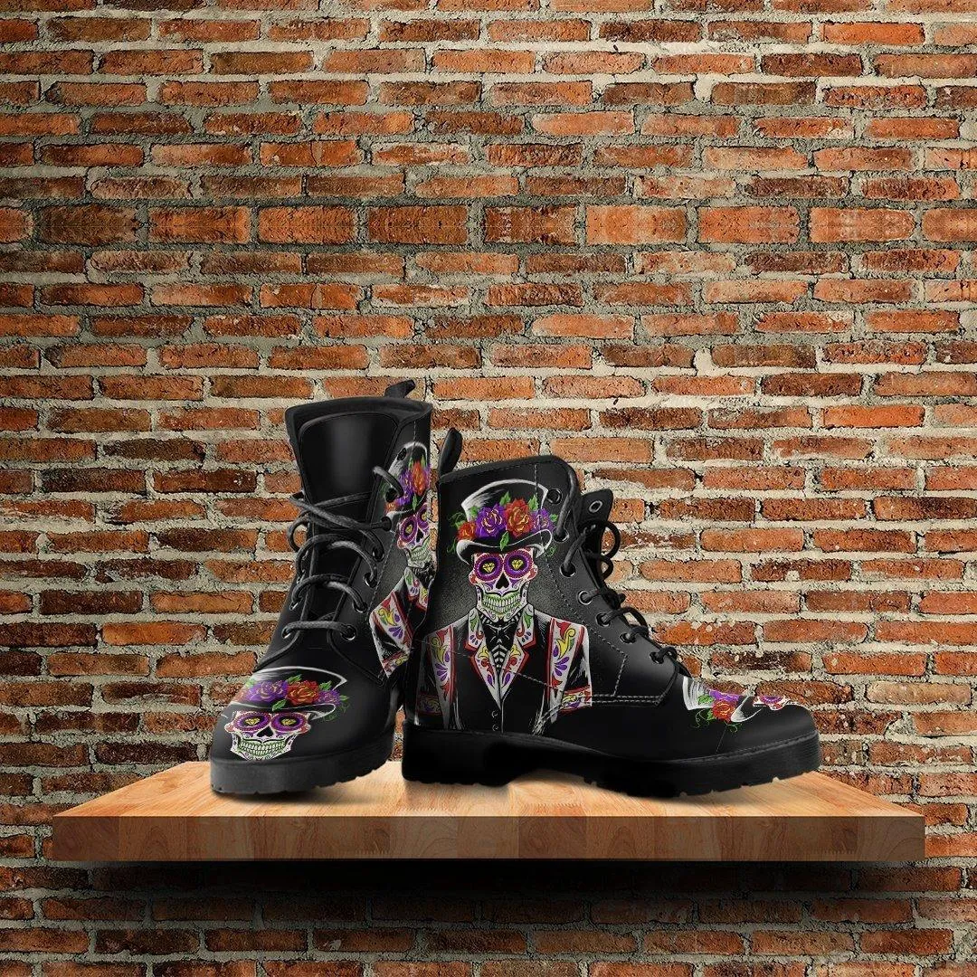 Sugar Skull Day of the Dead Lace-Up Boots, Vegan-Friendly Leather, Black w/ Double-Sided & Toe Print