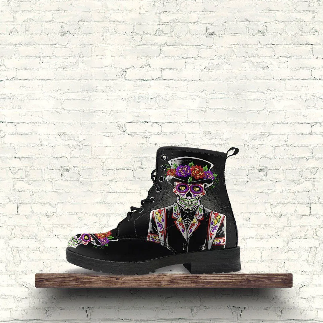 Sugar Skull Day of the Dead Lace-Up Boots, Vegan-Friendly Leather, Black w/ Double-Sided & Toe Print