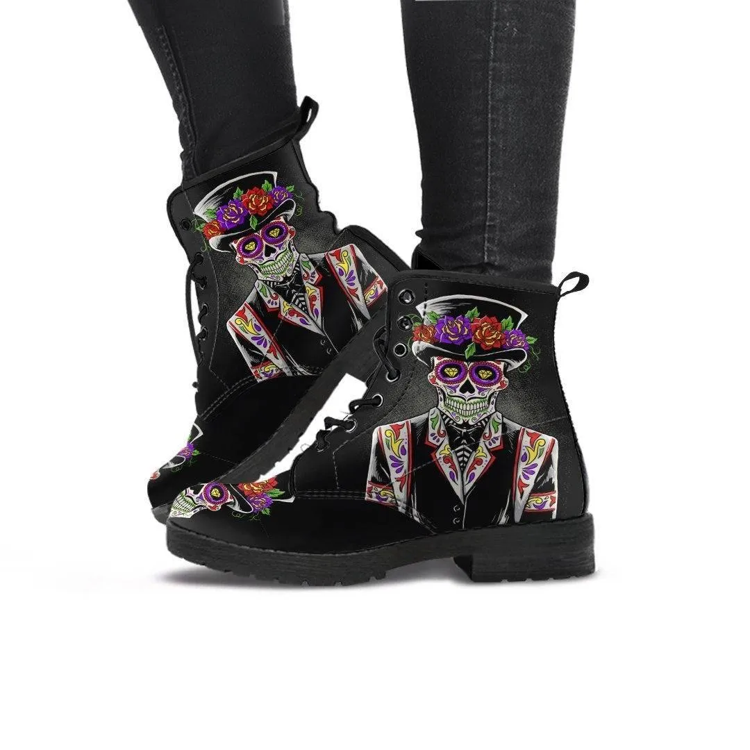 Sugar Skull Day of the Dead Lace-Up Boots, Vegan-Friendly Leather, Black w/ Double-Sided & Toe Print