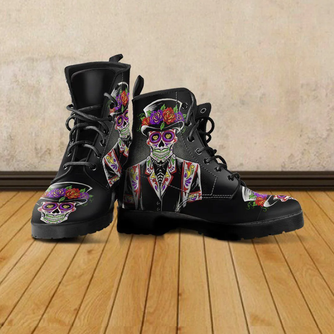 Sugar Skull Day of the Dead Lace-Up Boots, Vegan-Friendly Leather, Black w/ Double-Sided & Toe Print