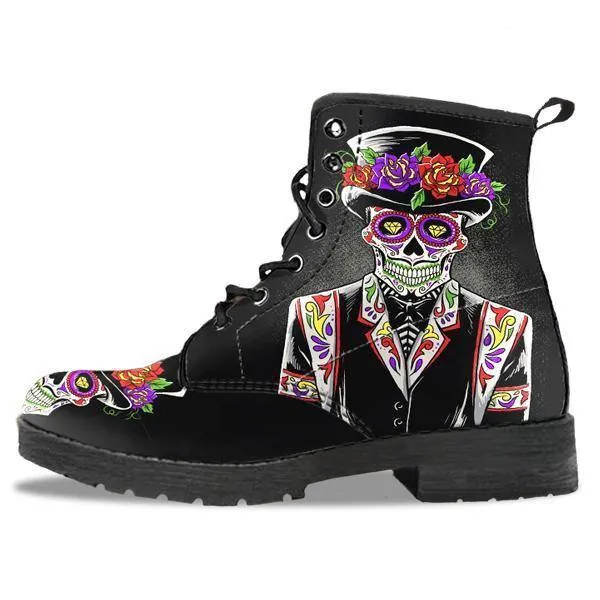 Sugar Skull Day of the Dead Lace-Up Boots, Vegan-Friendly Leather, Black w/ Double-Sided & Toe Print