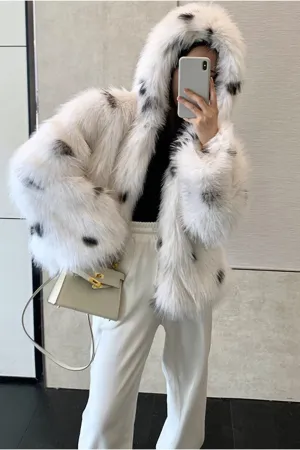 White Dotted Faux Fur Short Women's Coat