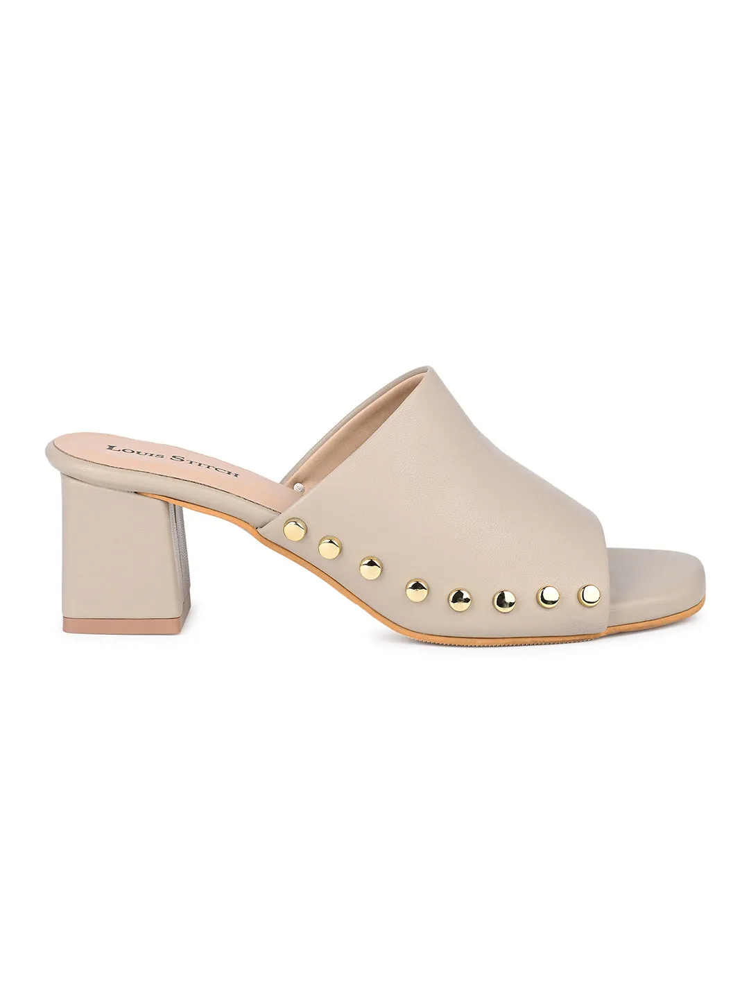 Women's Beige Block Heel Side Studds Lightweight Sandals