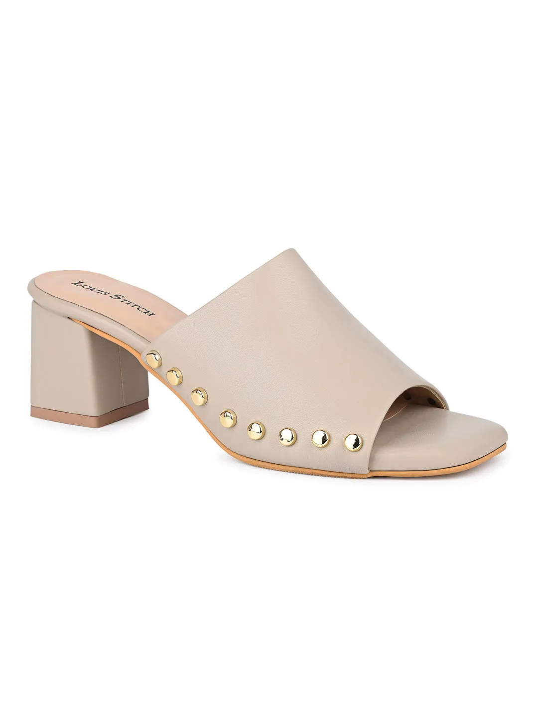 Women's Beige Block Heel Side Studds Lightweight Sandals