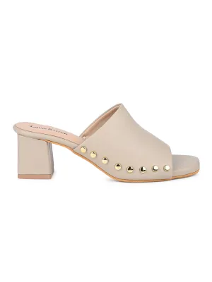 Women's Beige Block Heel Side Studds Lightweight Sandals