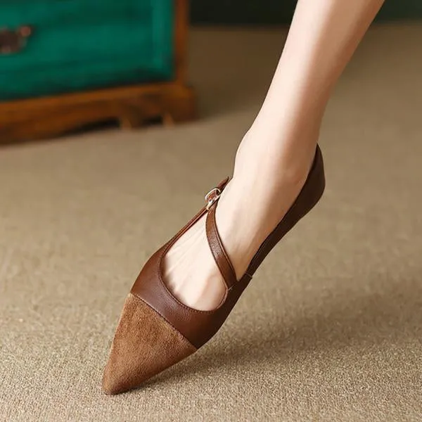 Women's Retro Pointed Toe Stitching Buckle Strap Flats 85741973C